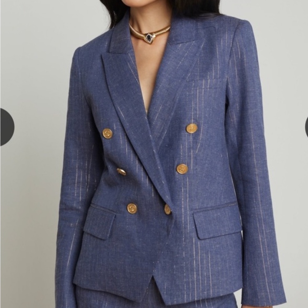 Double-Breasted Blue Gold  LurexPinstripe Women's Blazer Size 2 Please read